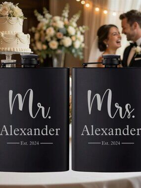Personalized Wedding Couple Mr Mrs Name Black Flask Set I 2 Flask Wedding Gift